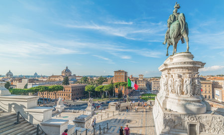 Vittorio Emanuele II statue in Altar of the fatherland with Piazza Venezia on the background. Rome, Italyの写真素材
