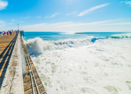 Wooden pier in Pacific Beach, Californiaの写真素材