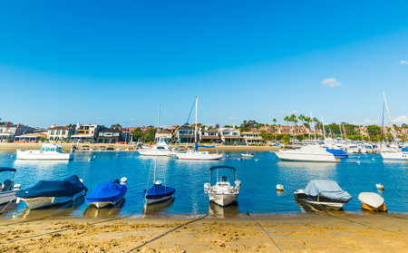 Boats by the shore in Balboa island, Californiaの写真素材