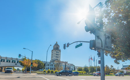 sun shining over Beverly Hills city hall, Californiaの写真素材