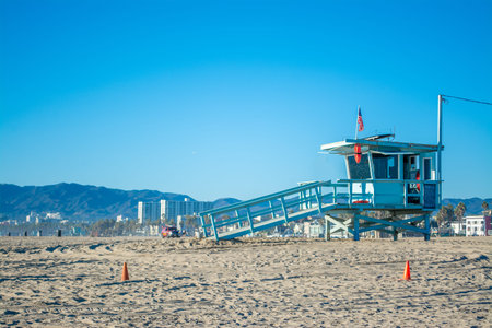Lifeguard tower under a blue sky at in Los Angeles. California, USAの写真素材