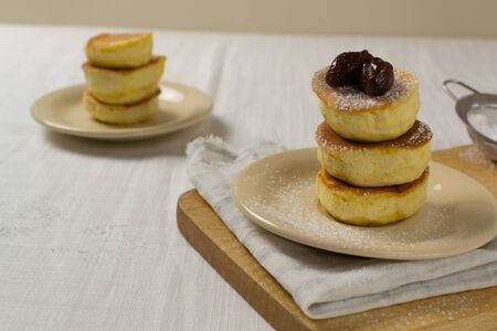 Homemade Japanese pancakes with icing sugar. Healthy eating concept.の写真素材