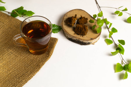 Cup with chaga tea and birch branches, mushroom on a white background. Rustic style. Copy space.