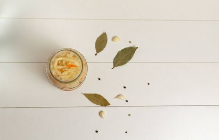 Pickled vegetables in glass jars cooked according to the classic recipe. Horizontal orientationの写真素材