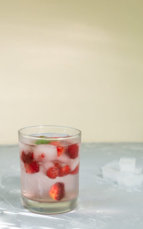 Homemade frozen strawberry lemonade with ice cubes and a sprig of mint on a gray background. A...