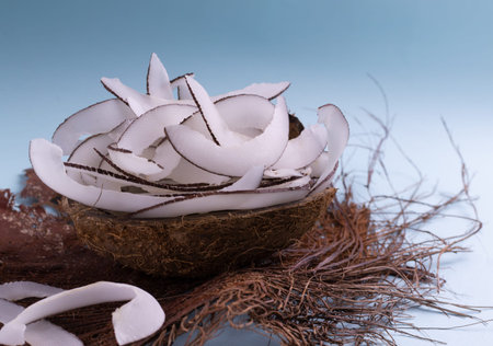 Homemade coconut chips on a dried palm leaf on a light blue background. Natural snacks prepared in...