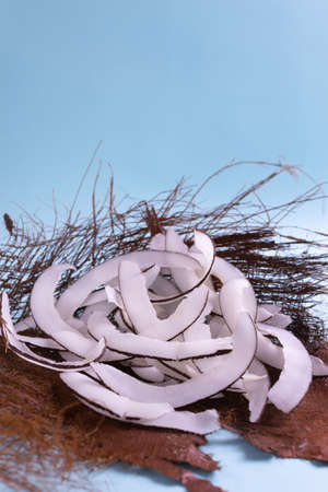 Natural homemade chips on a dried palm leaf on a blue background. Snacks prepared in the home kitchen. Vertical orientation.の写真素材