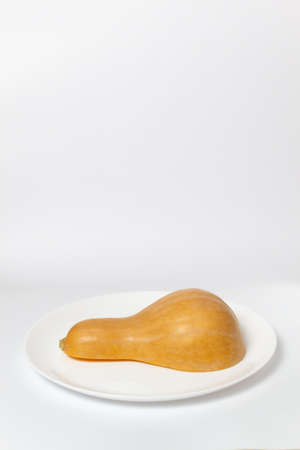 Half pumpkin on a white plate on a white background. Copy space. Minimalism. Vertical orientation.の写真素材