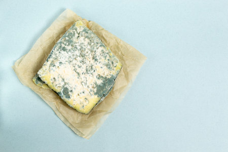 Several pieces of spoiled cheese with mushroom on a blue background. Food waste concept. Horizontal...