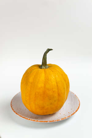 Bright orange pumpkin in a flat plate on a white background. Autumn harvest. Copy space. Vertical orientation.の写真素材