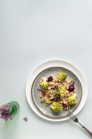 Vegetarian salad of mini beets, romanesco cabbage, white beans and sprouted onion seeds on a gray plate. Healthy nutrition concept. Selective focus. Copy space. Top view.の写真素材