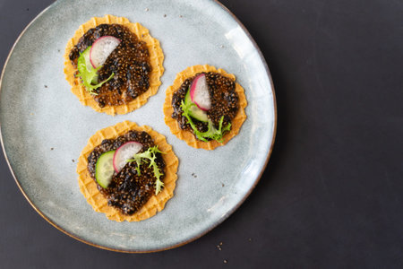 Chia seed appetizer with cucumber, radish and herbs on a gray plate against a dark background....