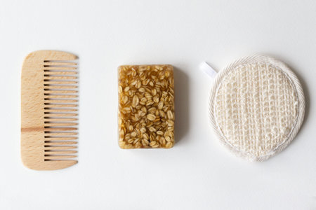 Wooden hairbrush, face wash and handmade oatmeal soap. Bathroom set. Eco friendly stuff concept....