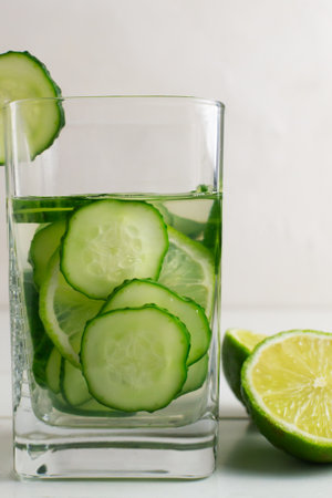 Fresh cool cucumber infused water, cocktail, detox drink, lemonade in a glass. Health care, fitness, healthy nutrition diet concept.の写真素材