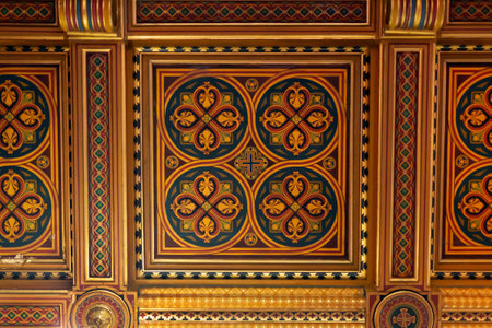 Chernivtsi, Ukraine - August 5, 2021. Painted ceiling with cracked paint in the Marble Hall of the Chernivtsi University of the 19th century.のeditorial素材