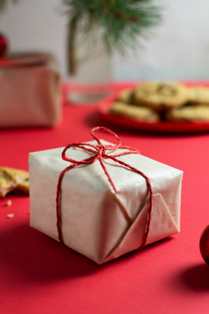A small New Year's gift is packed in craft paper, a plate with cookies and a glass of milk on the table, a vase with fir branches. Selective focus. Christmas mood.の写真素材