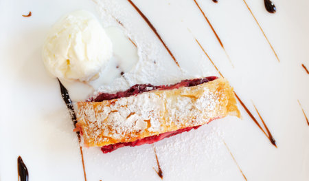 Hot cherry strudel with a delicate scoop of ice cream on a white plate. The concept of traditional...