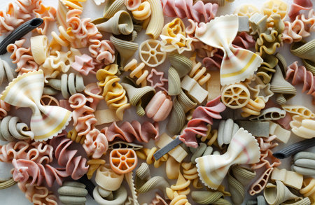 Background Mix of multi-colored Italian pasta on a light background. Concept alternative pasta. horizontal orientation.の写真素材