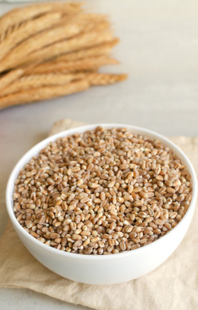 Wheat groats in a white bowl with ears of wheat on a light background. Rustic style. Concept of healthy food. Vertical orientation.の写真素材