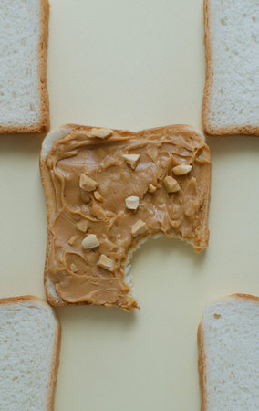 The center slice is spread with creamy peanut butter and decorated with pieces of crushed peanuts,...