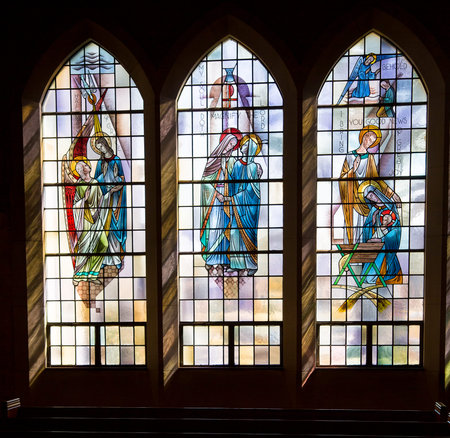 Saint Louis, United States-March 11, 2015: Stained glass window by Emil Frei Jr. at St. Gabriel the...
