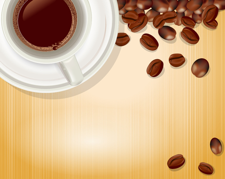 vector background with a cup of coffee and coffee beansのイラスト素材