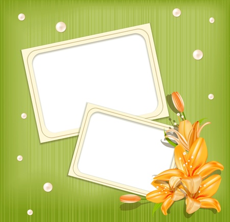vector green background  with frames for photos, lilies and  pearlsのイラスト素材