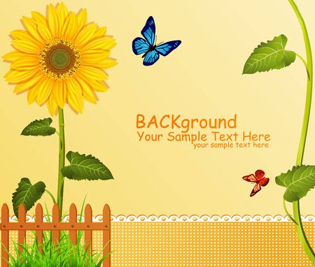 vector background with yellow sunflowers, fence, green grass and butterfliesのイラスト素材