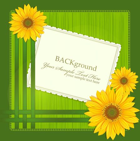vector green background, with Sunflowers ribbons and greeting cardsのイラスト素材