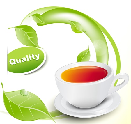 Vector white cup of tea with leaves on white-yellow backgroundのイラスト素材