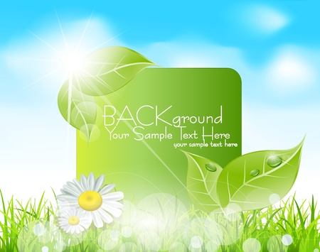 Vector spring banner with  leaves and grass against the blue skyのイラスト素材