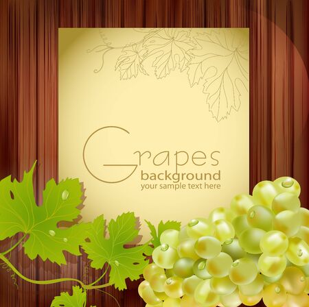 fresh grapes with drops of dew and leaves on wooden background with space for textのイラスト素材