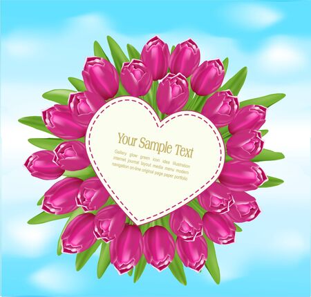bouquet of tulips with a greeting card in the form of heart on blue sky backgroundのイラスト素材