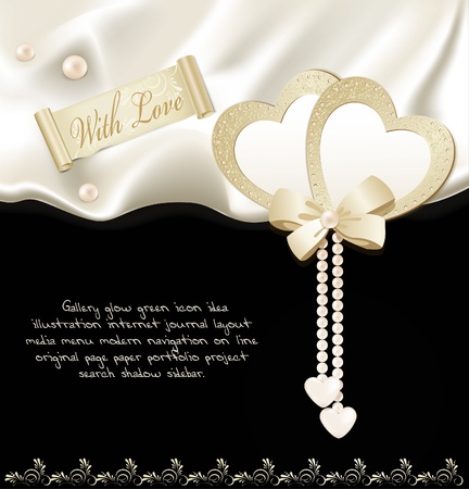 holiday background with black silk, two hearts and pearlsのイラスト素材