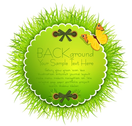 abstract background with round greeting card with grass, butterflies and ribbonsのイラスト素材