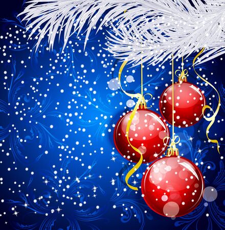 Blue Christmas festive background with red balls and silver fir twigのイラスト素材