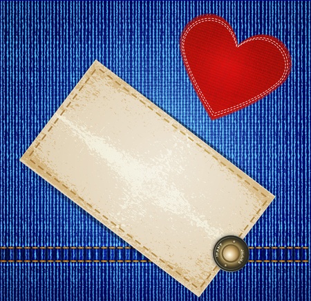 jeans background with the rivet, red heart and a cardboard labelのイラスト素材