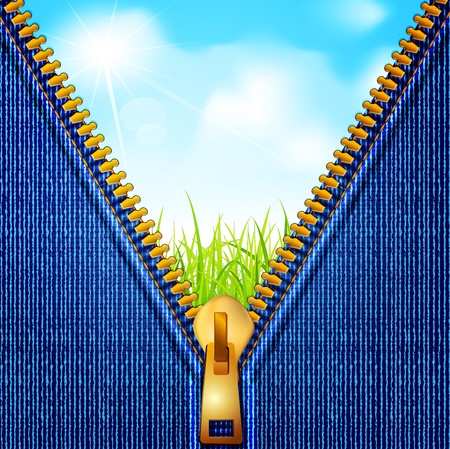 jeans background with a zipper and a landscape in which the blue sky and grassのイラスト素材