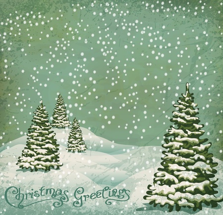 vector vintage postcard with Christmas trees, snowのイラスト素材