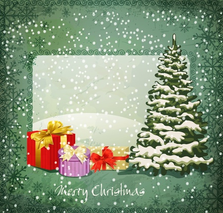 vector vintage festive invitation to the Christmas tree and lots of giftsのイラスト素材