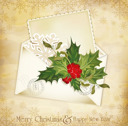 vector vintage christmas background with sprig of European holly and envelopeのイラスト素材