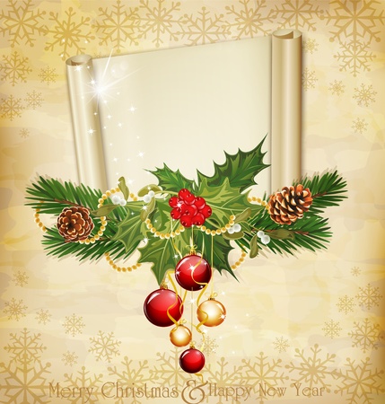 vector vintage holiday invitation with scroll,pine cones,hollyのイラスト素材