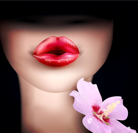  fashion background, a woman with red lips, flowerのイラスト素材