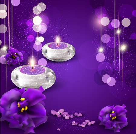 vector background with romantic candles and violets on purple backgroundのイラスト素材