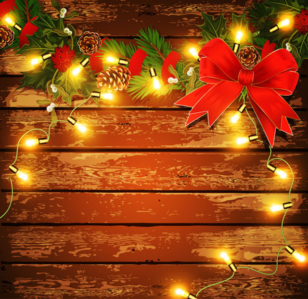 Christmas background with garland on a wooden wallのイラスト素材