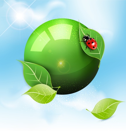 vector green globe with leaves and ladybug against the blue skyのイラスト素材