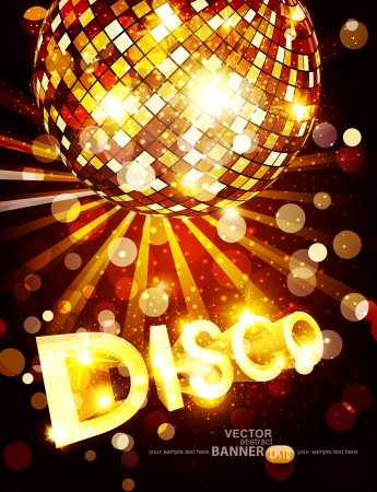 vertical vector disco background with golden disco ball and gold lettering のイラスト素材