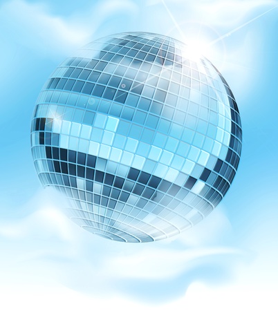 vector background with a mirrored disco ball reflecting blue sky and clouds vector background with a mirrored disco ball reflecting blue sky and clouds