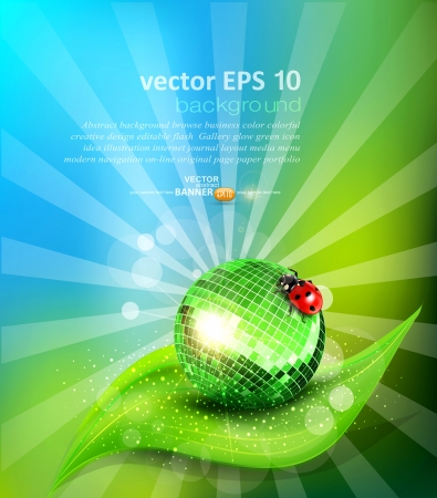 vector background with leaf, mirrored disco ball and a ladybugのイラスト素材