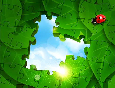 Vector abstract background in the form of puzzles with green leaves, ladybug and blue skyのイラスト素材